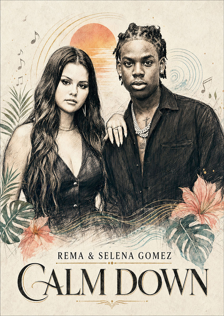 Detailed sketch style portrait artwork of Rema and Selena Gomez for the song Calm Down